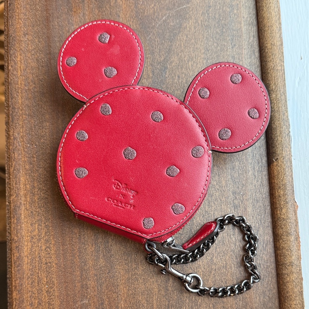 Coach x Disney Leather Mouse Ear Coin Purse Wristlet Red Polka Dot Limited Colla